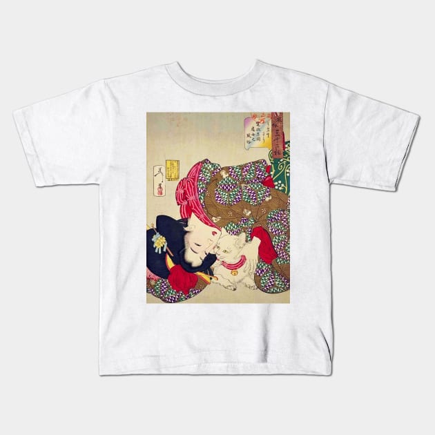 LOOKING TIRESOME ,JAPANESE WOMAN WITH CAT Kids T-Shirt by BulganLumini